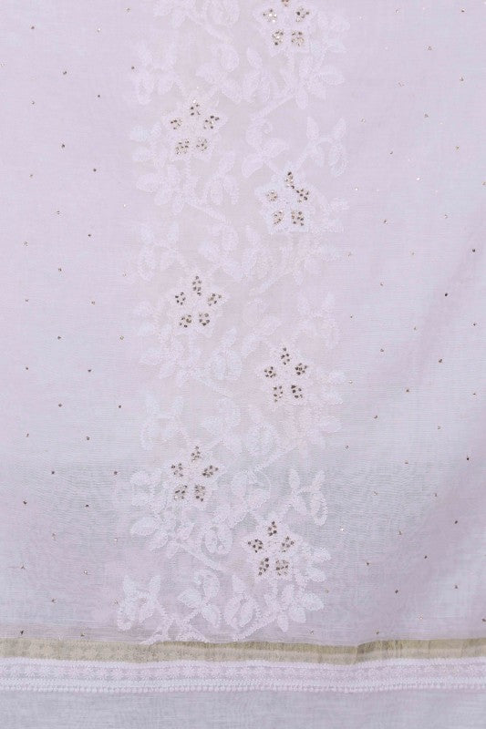 Ada Hand Embroidered White Chanderi Lucknowi Chikankari Dupatta With Muqaish Work - A523144