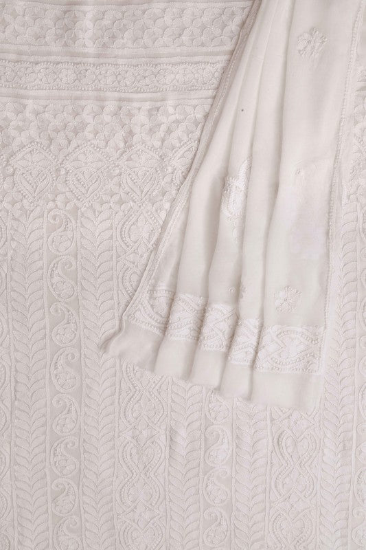 Ada Hand Embroidered White Georgette Lucknowi Chikan Unstitched Kurta Dupatta Set A613046