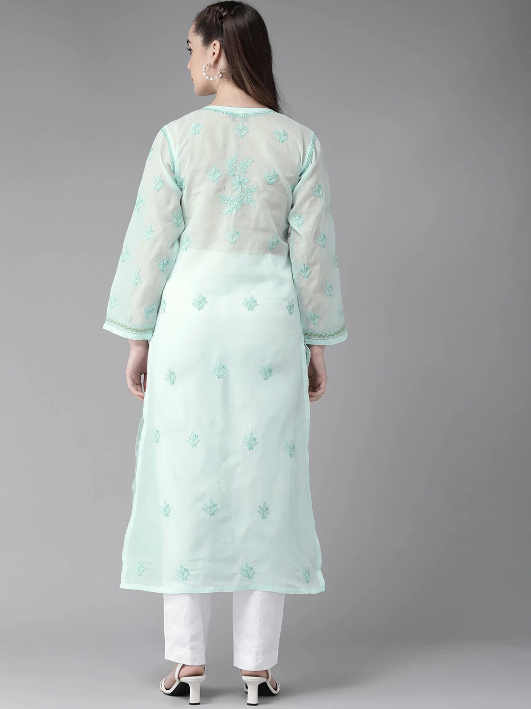 Ada Hand Embroidered Sea Green Cotton Lucknow Chikan Straight Kurta A411245