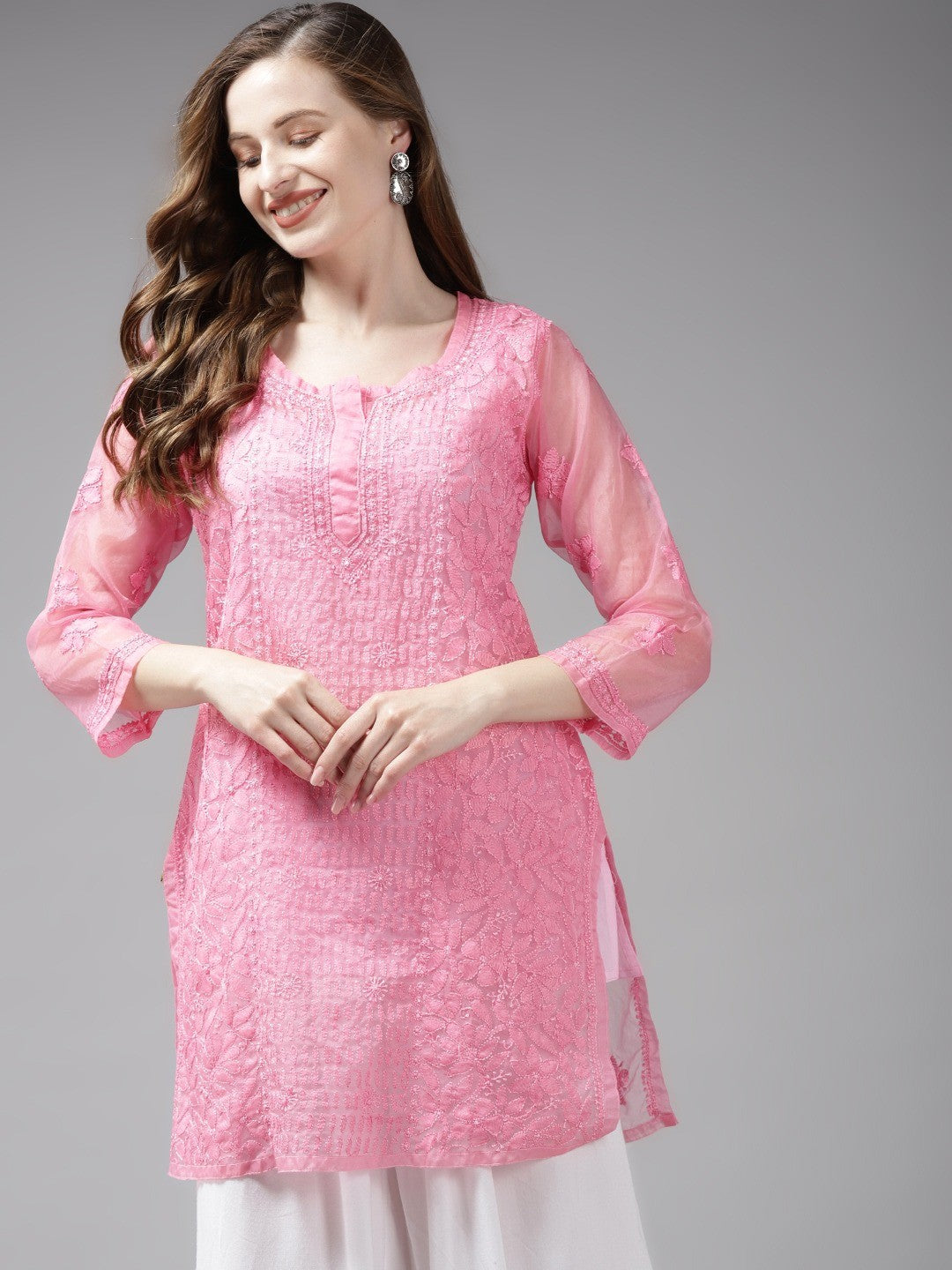 Ada Hand Embroidered Pink Organza Lucknowi Chikankari Short Kurti With Slip A911164