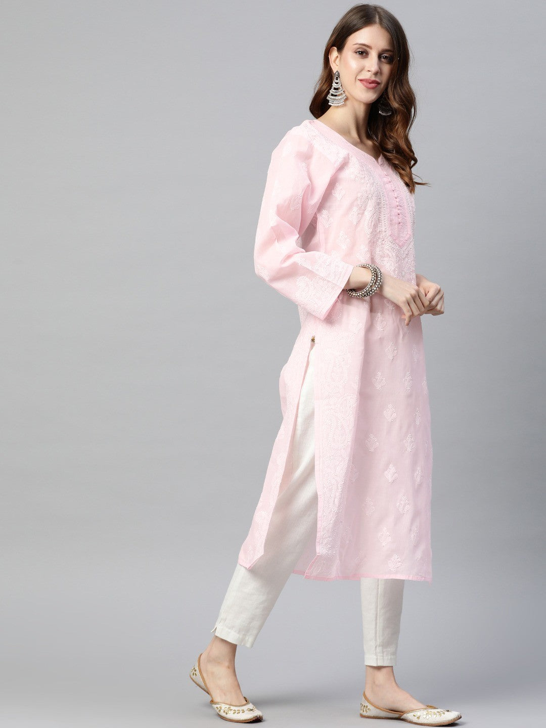 Ada Hand Embroidered Pink Cotton Lucknowi Chikankari Straight Kurta A236273