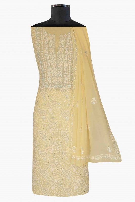 Ada Hand Embroidered Cream Pure Georgette Lucknowi Chikan Unstitched Kurta Dupatta Set With Pearl & Sequinned Work-A610884
