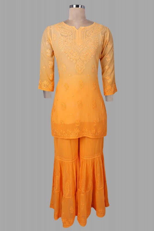 Ada Hand Embroidered Yellow Georgette Lucknowi Chikankari Kurta Dupatta With Plazo Set 01A119003