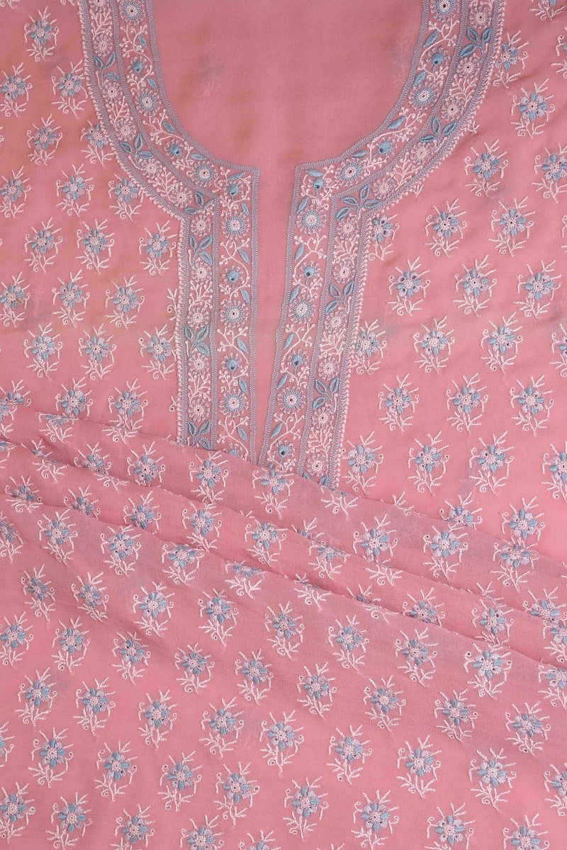 Ada Hand Embroidered Rose Pink Pure Georgette Lucknowi Chikan Unstitched Kurta Piece A98840