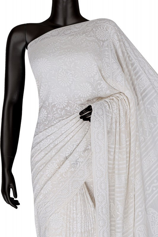 Ada Hand Embroidered White Pure Georgette Lucknowi Chikankari Saree  A456833