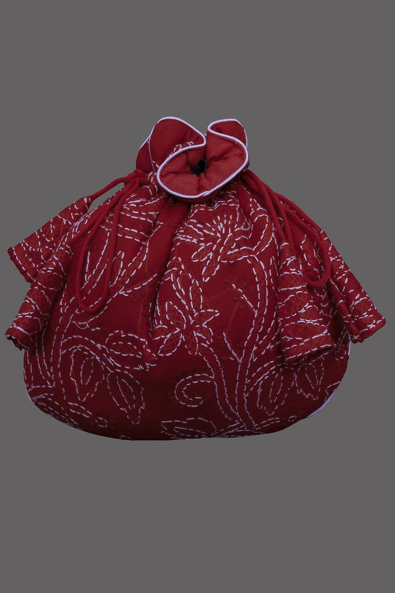 Ada Hand Embroidered Red Cotton Lucknow Chikankari Potli- A606506