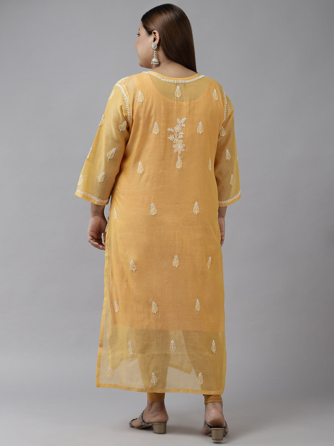 Ada Hand Embroidered Yellow Chanderi Lucknow Chikankari Straight  Kurta A411375