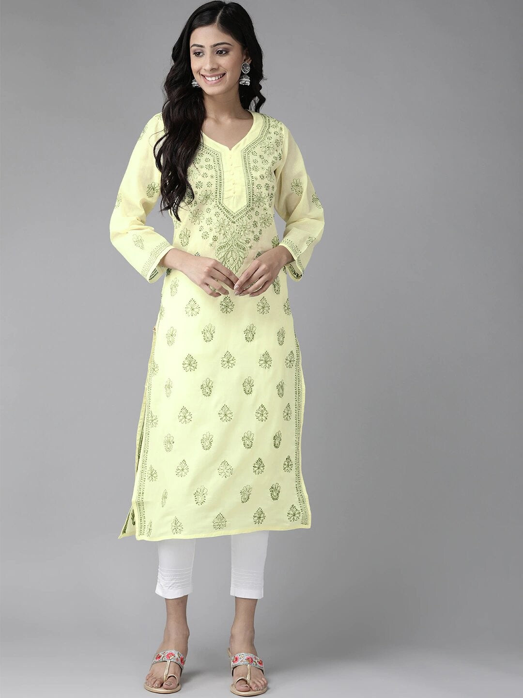 Ada Hand Embroidered Lemon Cotton Lucknowi Chikankari Kurta Set A811183