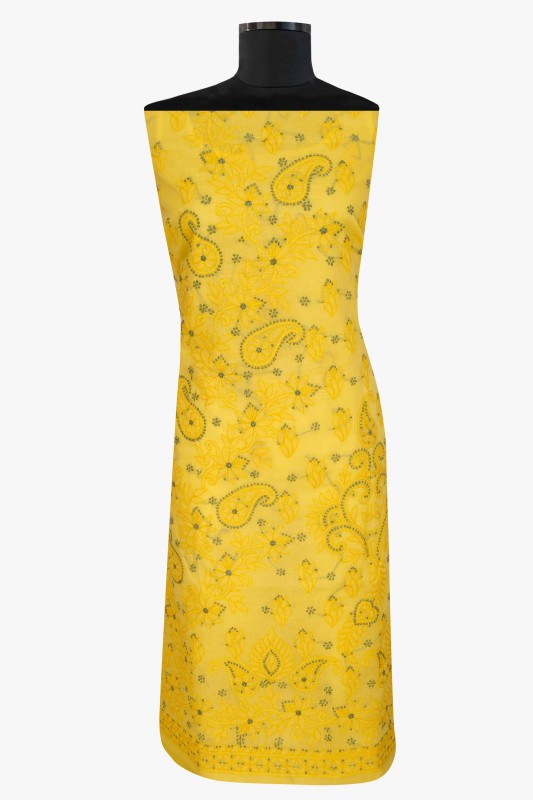 Ada Hand Embroidered Yellow Cotton Lucknowi Chikan Unstitched Suit Piece-A211119