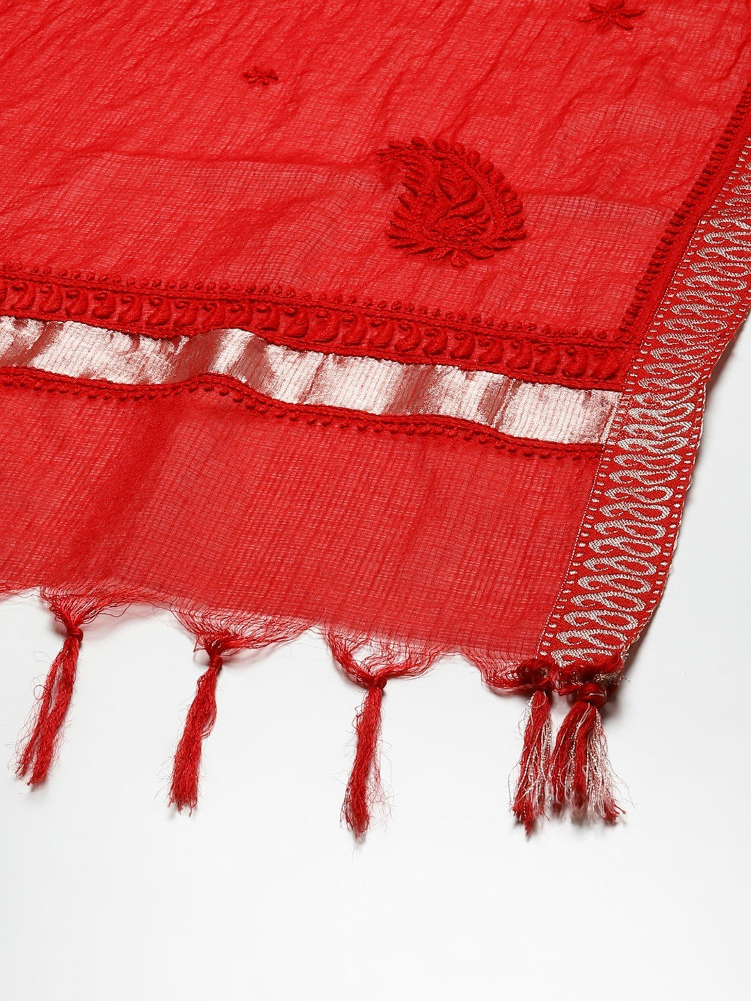 Ada Hand Embroidered Red Kota Lucknowi Chikankari Dupatta -A511207