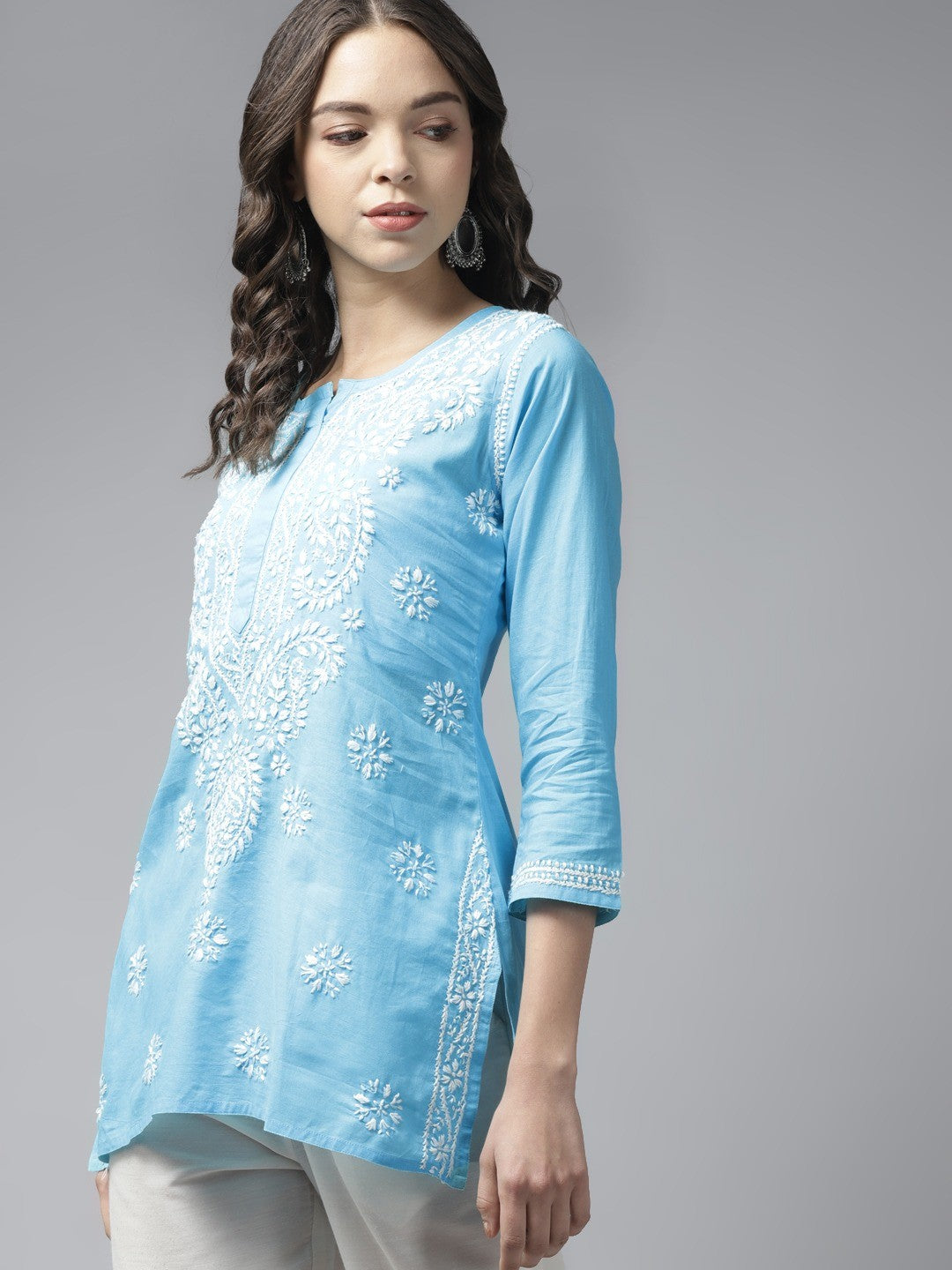 Ada Hand Embroidered Sky Blue Cotton Lucknowi Chikankari Short Kurti A911186