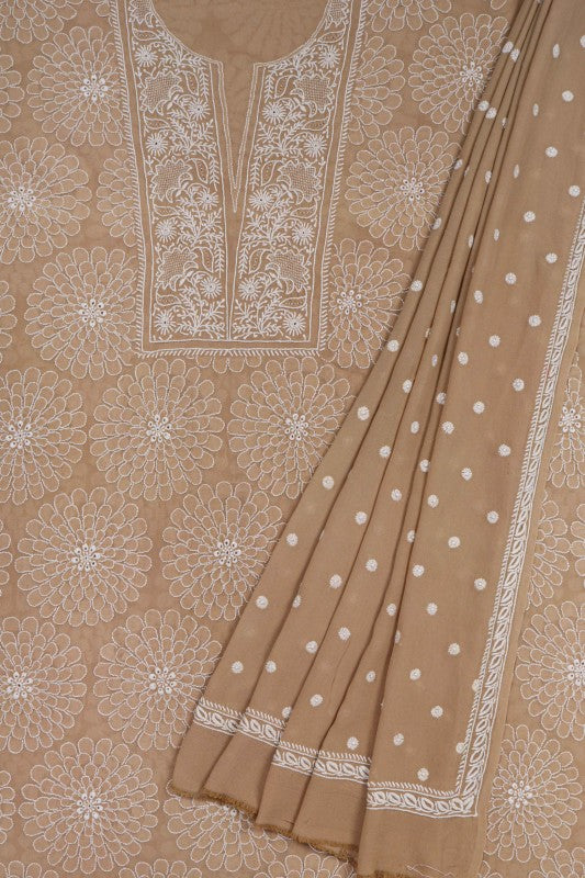 Ada Hand Embroidered Fawn Pure Georgette Lucknowi Chikan Unstitched Kurta Dupatta Set A489983