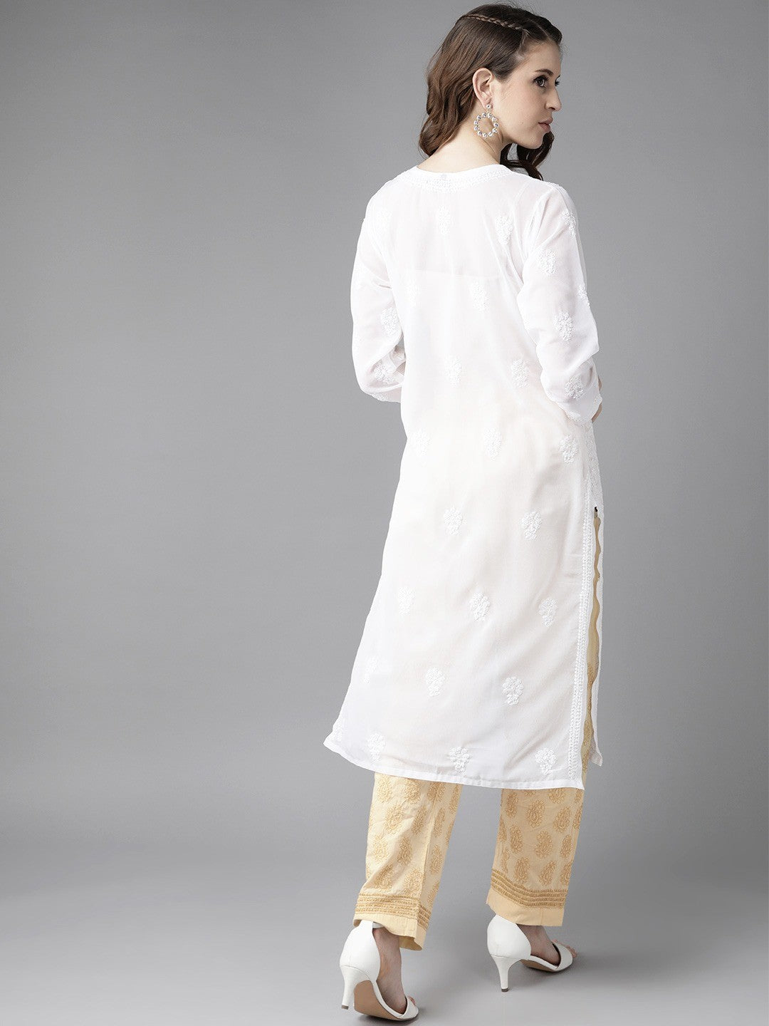 Ada Hand Embroidered White/Fawn Georgette Lucknowi Chikankari Kurta Set A811177