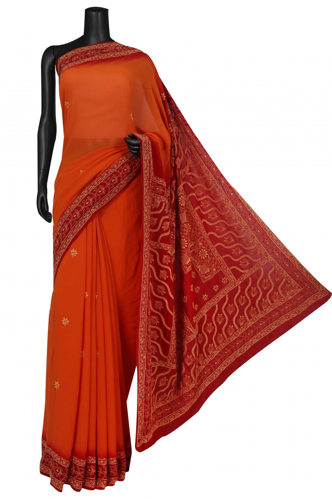 Ada Hand Embroidered Rust and Red Ombre Shade Pure Georgette Lucknowi Chikankari Saree With Blouse 01A224311