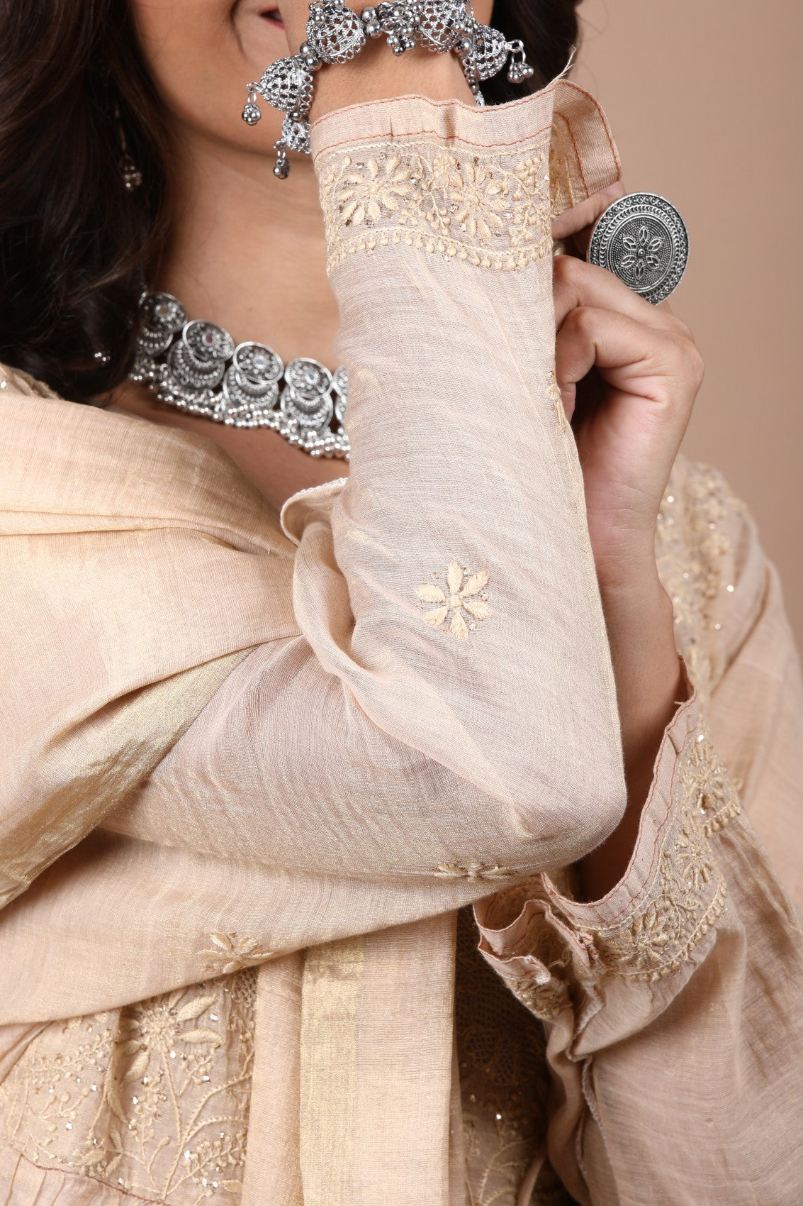 Ada Hand Embroidered Natural Fawn Tissue Lucknowi Chikankari Semi-stitched Kurta Dupatta Set With Muqaish Work 01A111783