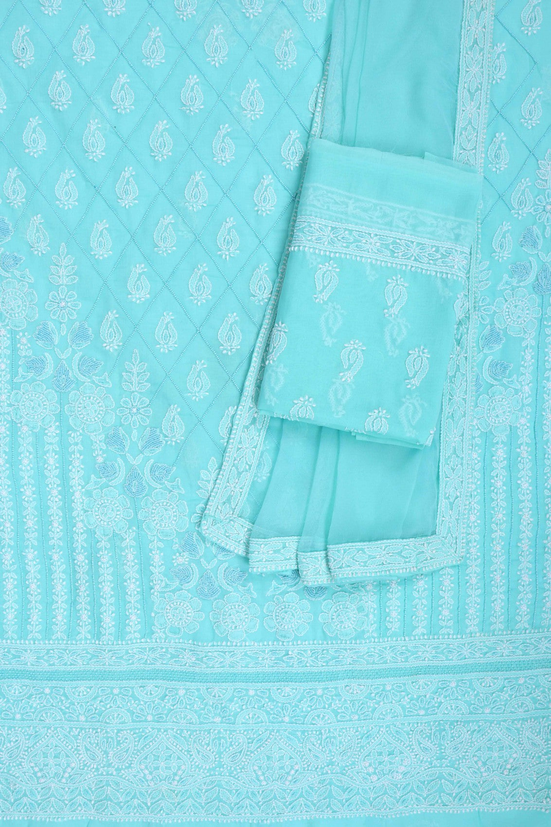 Ada Hand Embroidered Sea Green Cotton Lucknowi Chikankari Unstitched Suit Piece With Pearl Work 01A167494