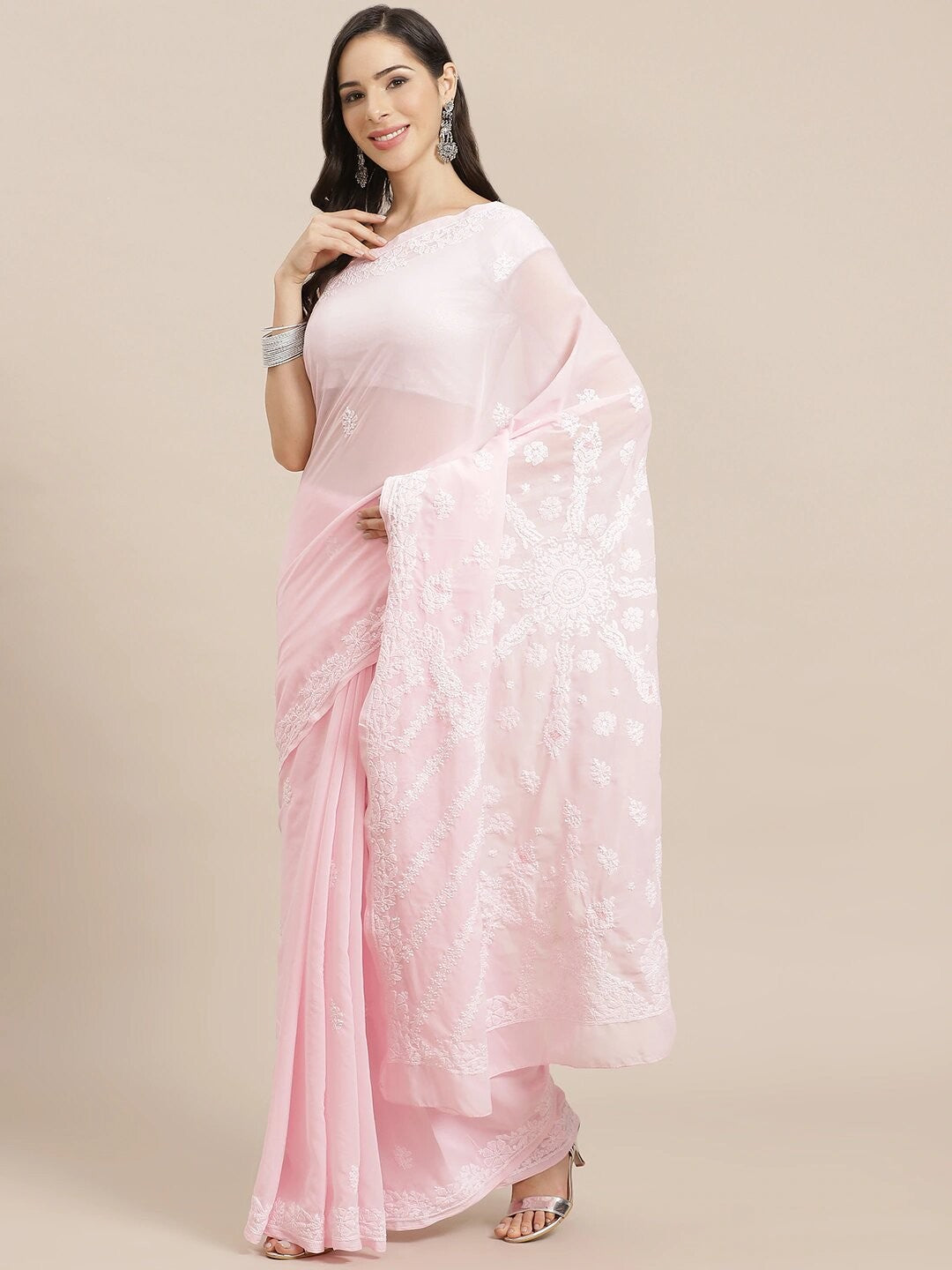 Ada Hand Embroidered Baby Pink Georgette Lucknow Chikan Saree with Blouse A183623