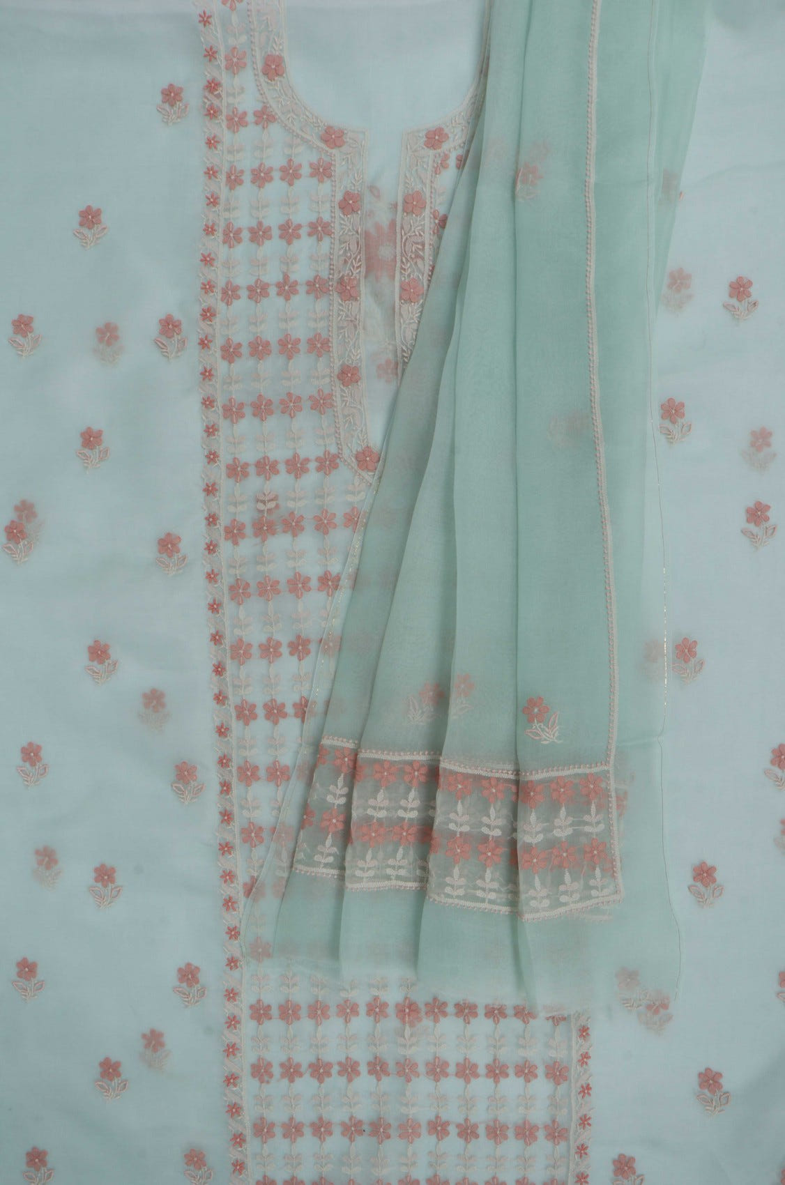 Ada Hand Embroidered Pista Green Organza Lucknowi Chikankari Unstitched Kurta Dupatta Set 01A250933