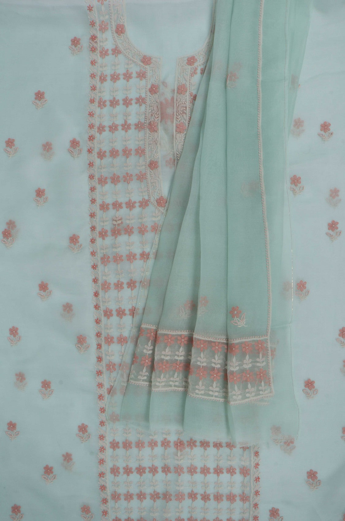 Ada Hand Embroidered Pista Green Organza Lucknowi Chikankari Unstitched Kurta Dupatta Set 01A250933