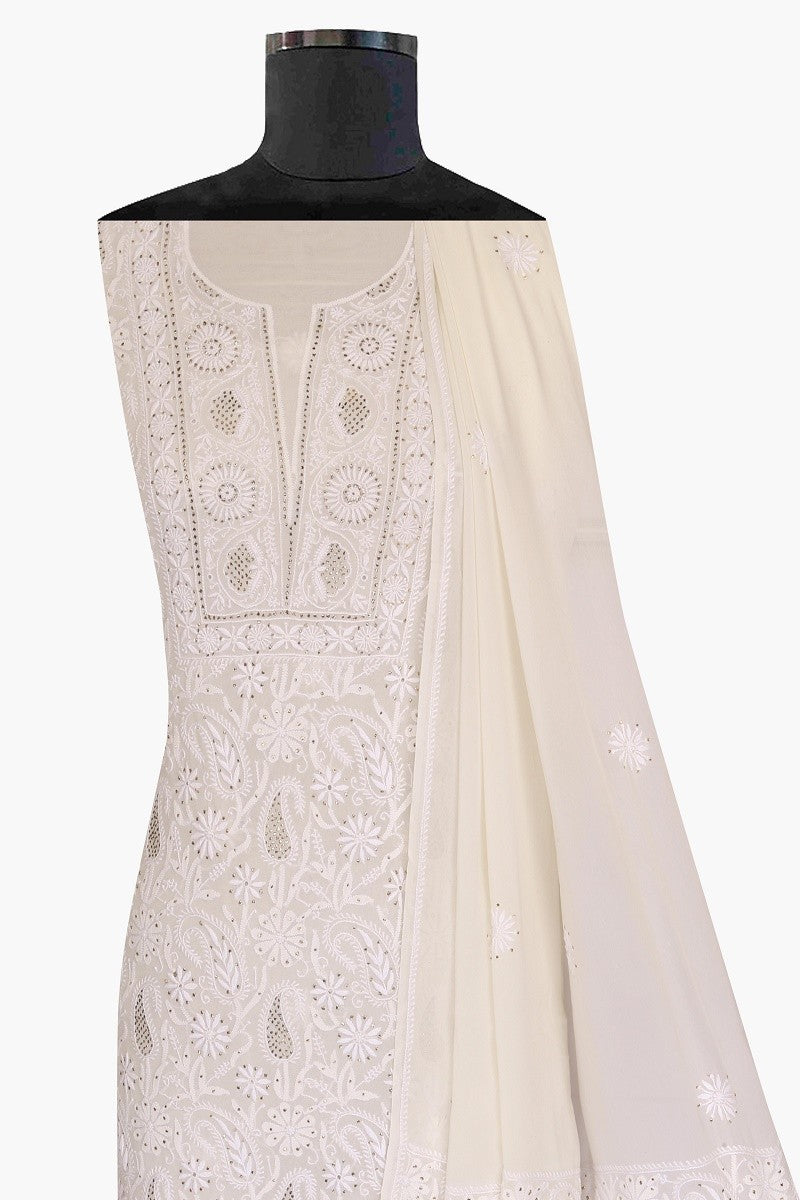 Ada Hand Embroidered White Pure Georgette Lucknowi Chikan Unstitched Kurta Dupatta Set With Muqaish Work - A482567