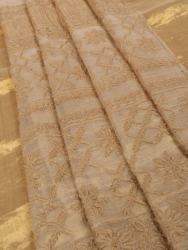 Ada Hand Embroidered Natural Fawn Tissue Lucknowi Chikankari Saree With Blouse A606169