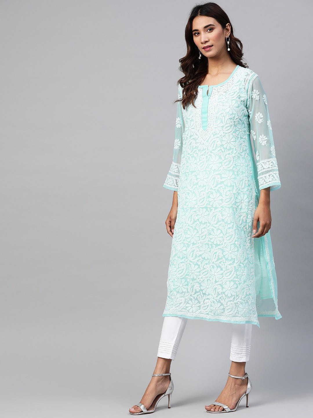 Ada Hand Embroidered Turquoise Blue Georgette Lucknowi Chikankari Straight Kurta Set With Slip A811159