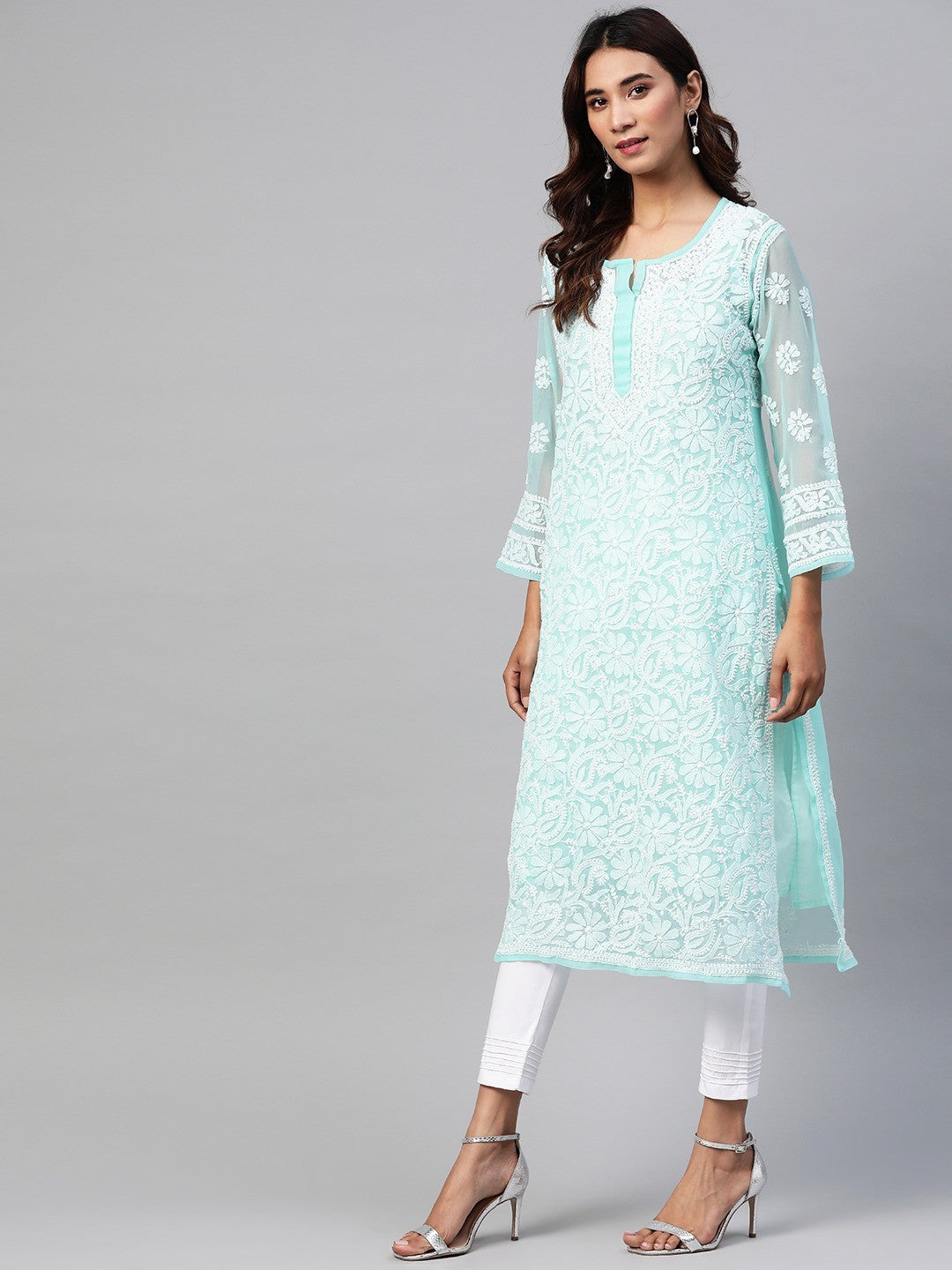 Ada Hand Embroidered Turquoise Blue Georgette Lucknowi Chikankari Straight Kurta Set With Slip A811159