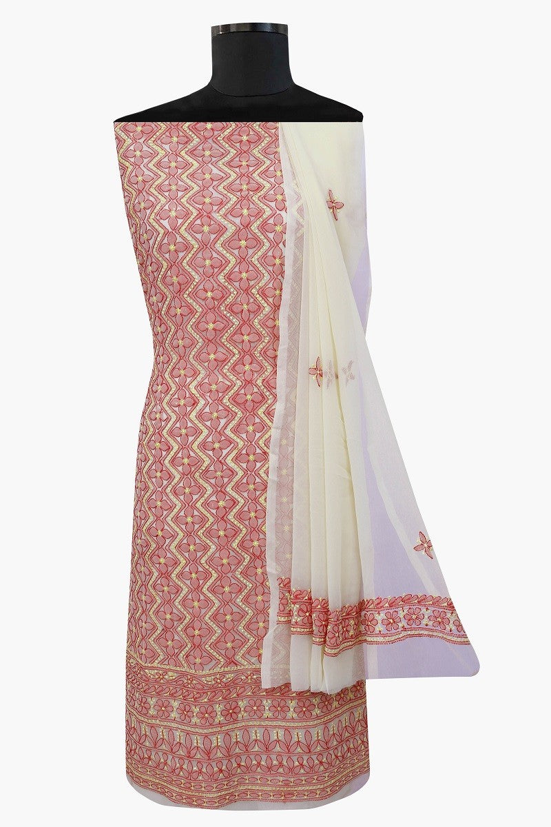 Ada Hand Embroidered Beige Georgette Lucknowi Chikan Unstitched Suit Piece A607917