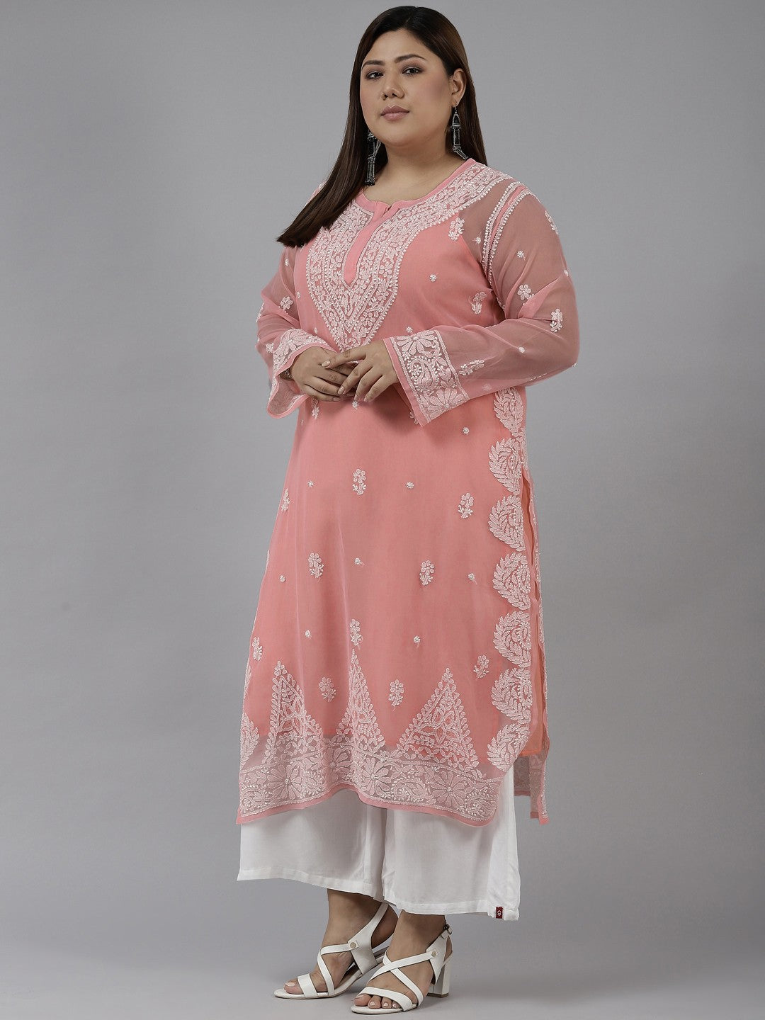 Ada Hand Embroidered Peach Georgette Lucknowi Chikankari Straight Kurta With Slip A411194