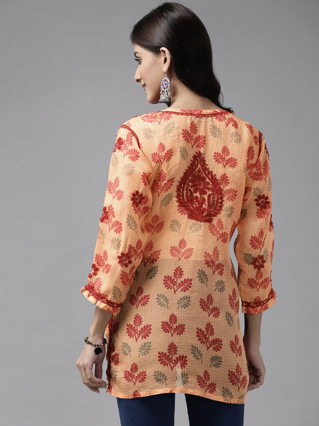 ADA Hand Embroidered Peach Kota Lucknowi Chikankari Kurti A911141