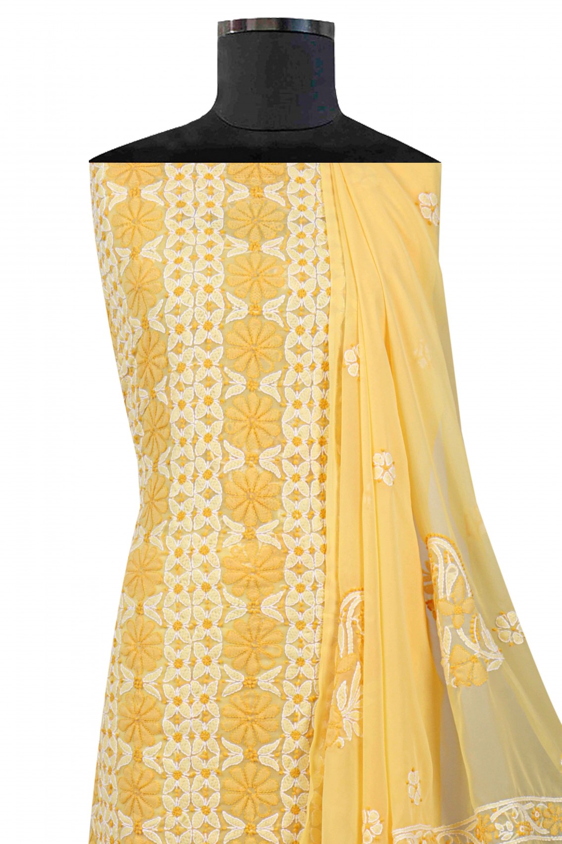 Ada Hand Embroidered Yellow Georgette Lucknowi Chikankari Unstitched Suit Piece 01A151216