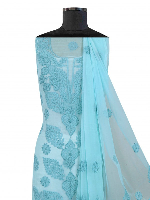 Ada Hand Embroidered Arctic Blue Georgette Lucknowi Chikan Unstitched Suit Piece A211229