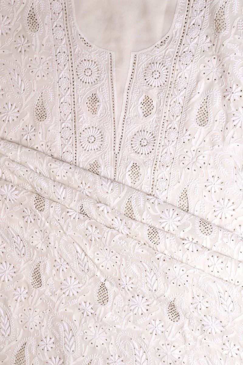 Ada Hand Embroidered White Pure Georgette Lucknowi Chikan Unstitched Kurta Dupatta Set With Muqaish Work - A482567
