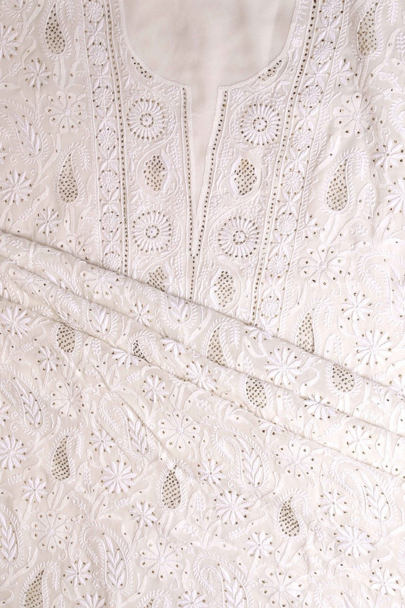 Ada Hand Embroidered White Pure Georgette Lucknowi Chikan Unstitched Kurta Dupatta Set With Muqaish Work - A482567