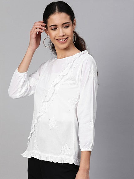 Ada Hand Embroidered White Cotton Lucknowi Chikankari Top A100135