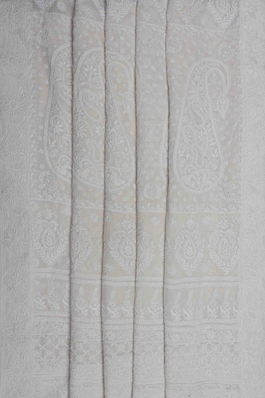 Ada Hand Embroidered White Pure Georgette Lucknow Chikan Saree with Blouse A301234