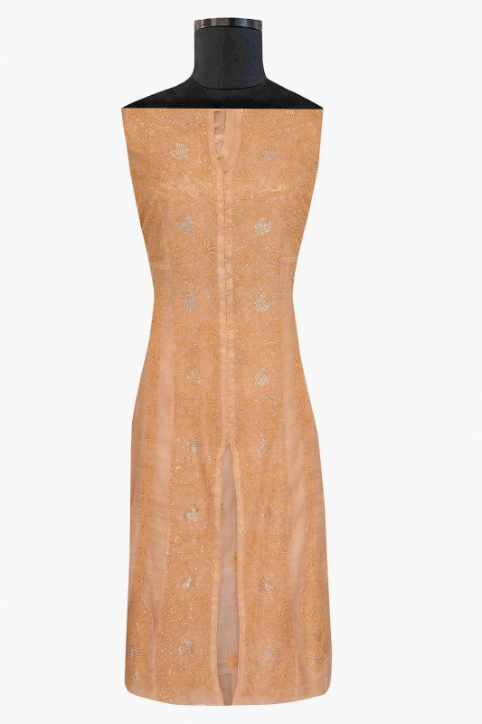 Ada Hand Embroidered Peach Tissue Lucknowi Chikankari Semi-stitched Kurta Dupatta Set With Muqaish Work-A588033