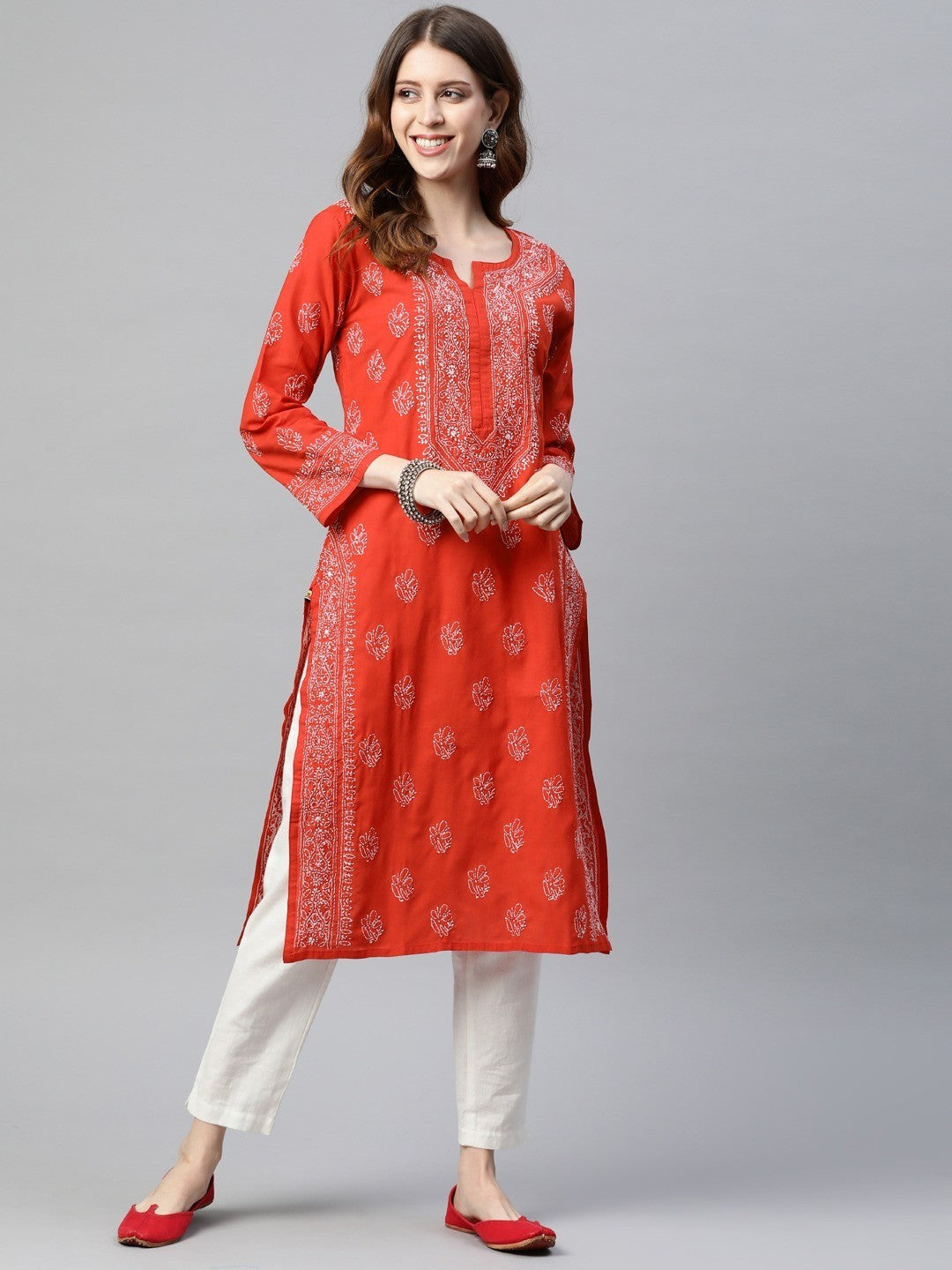 Ada Hand Embroidered Red Cotton Lucknowi Chikan straight Kurta A220800