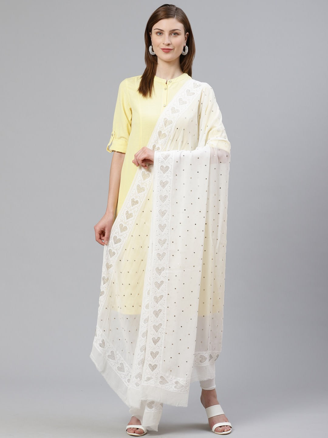 Ada Hand Embroidered White Georgette Dupatta with Muqaish Work– A100444