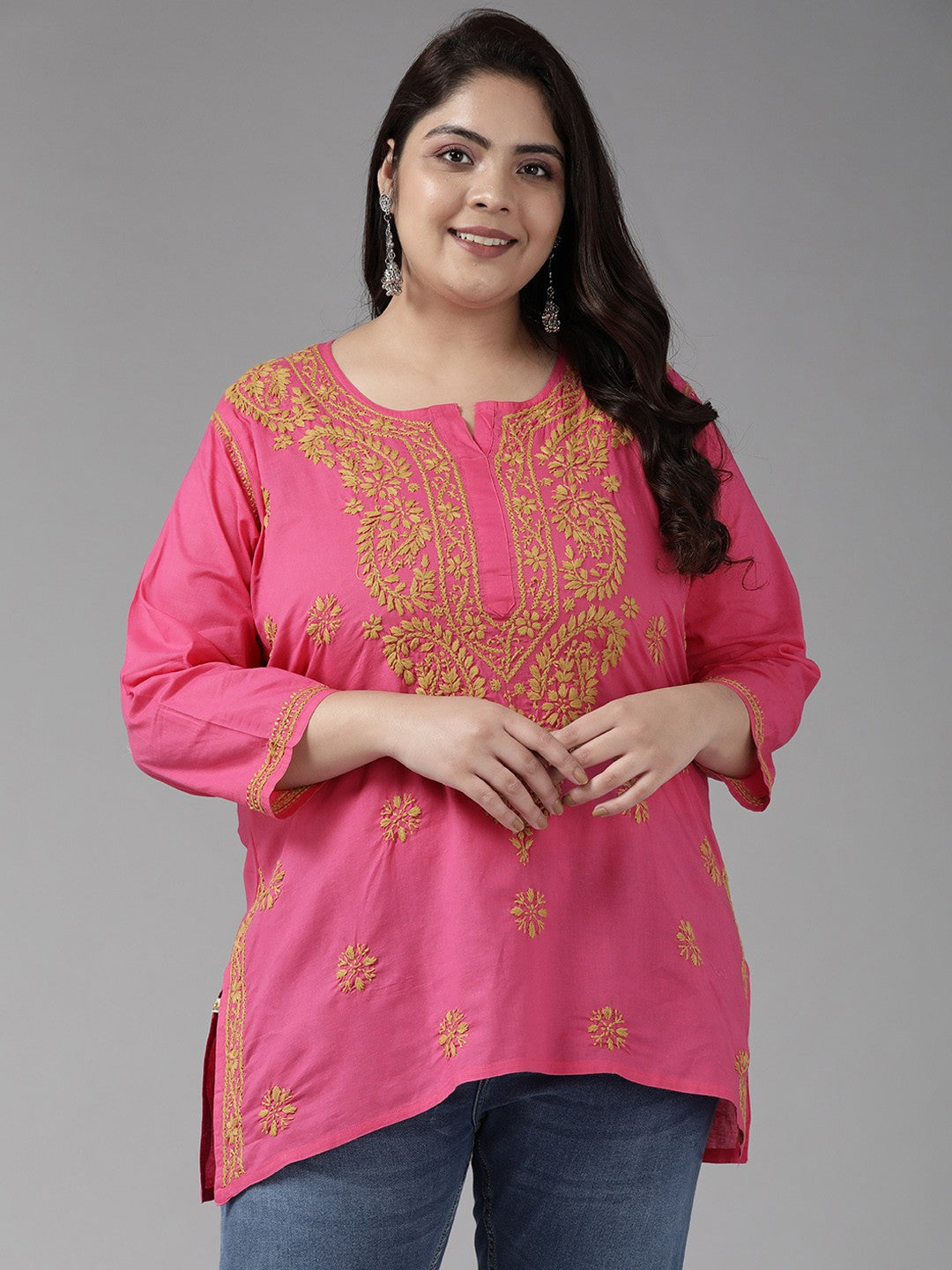 Ada Hand Embroidered Pink Cotton Lucknowi Chikankari Short Kurti  A911188