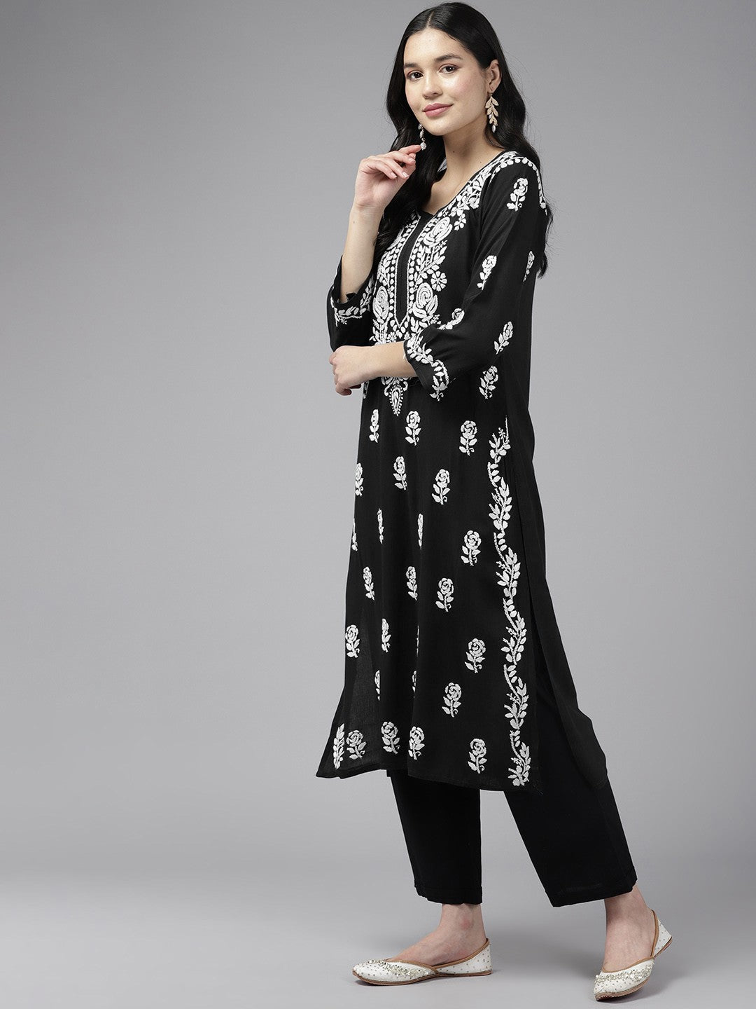 Ada Hand Embroidered Black Rayon Lucknowi Chikankari Straight Kurta A411449