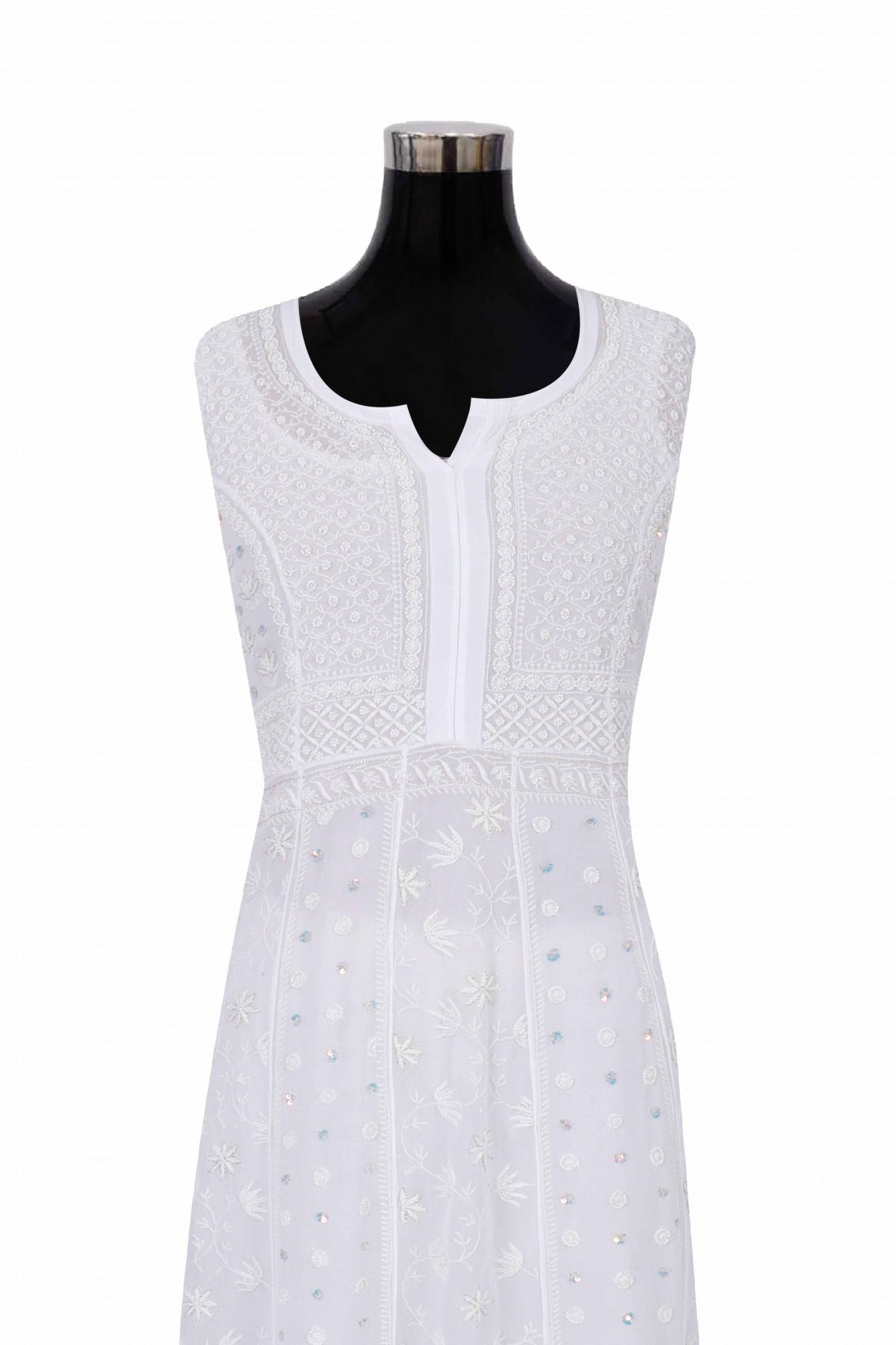 Ada Hand Embroidered White Georgette Lucknowi Chikankari Semi-Stitched Anarkali Kurta Dupatta Set With Pearl Work 01A223203