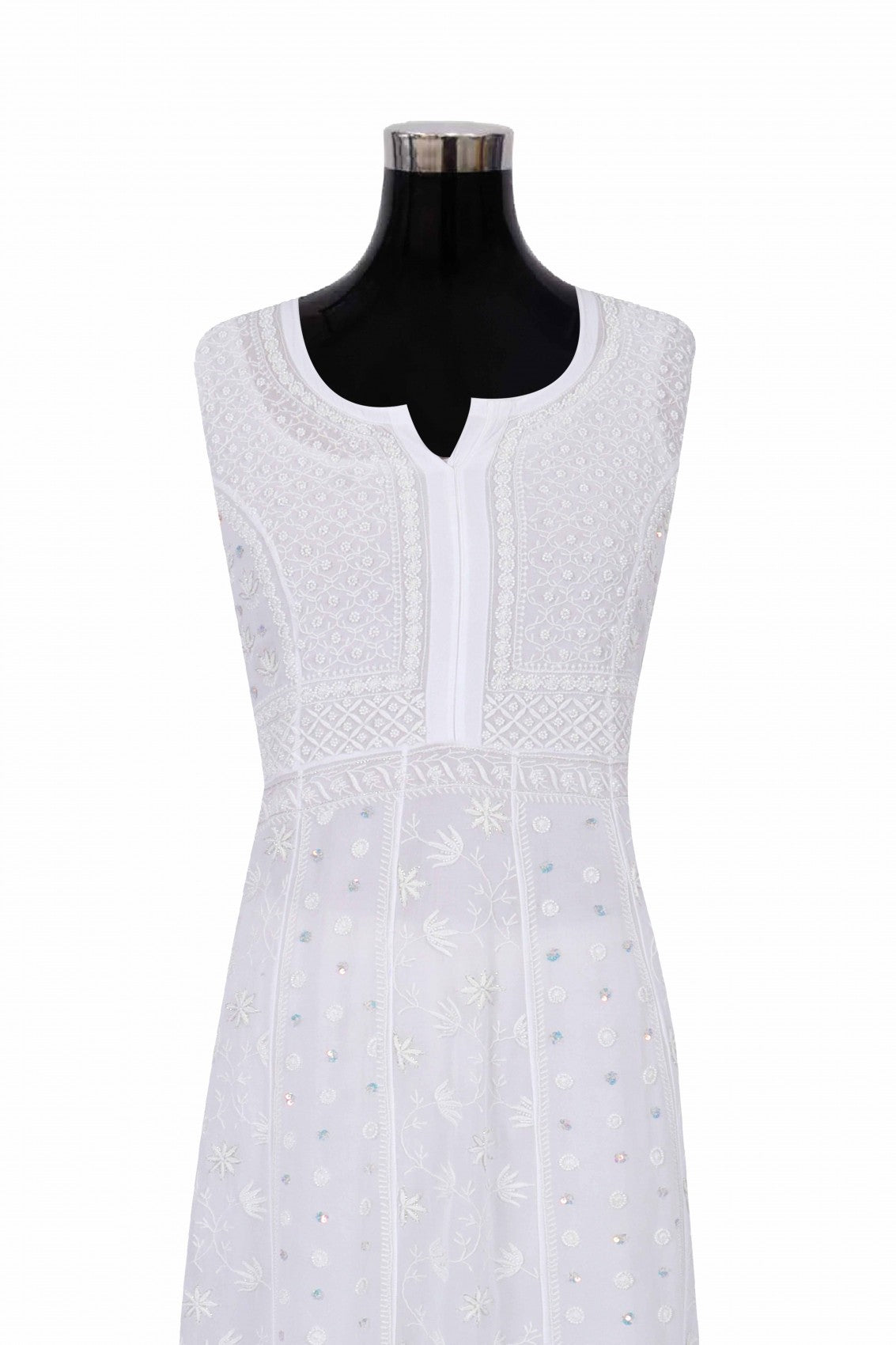 Ada Hand Embroidered White Georgette Lucknowi Chikankari Semi-Stitched Anarkali Kurta Dupatta Set With Pearl Work 01A223203
