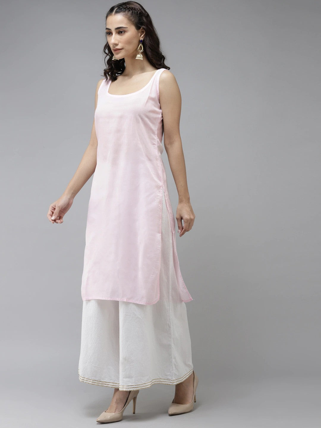 Ada Hand Embroidered Pink Organza Lucknowi Chikankari Straight Kurta With Slip A411237