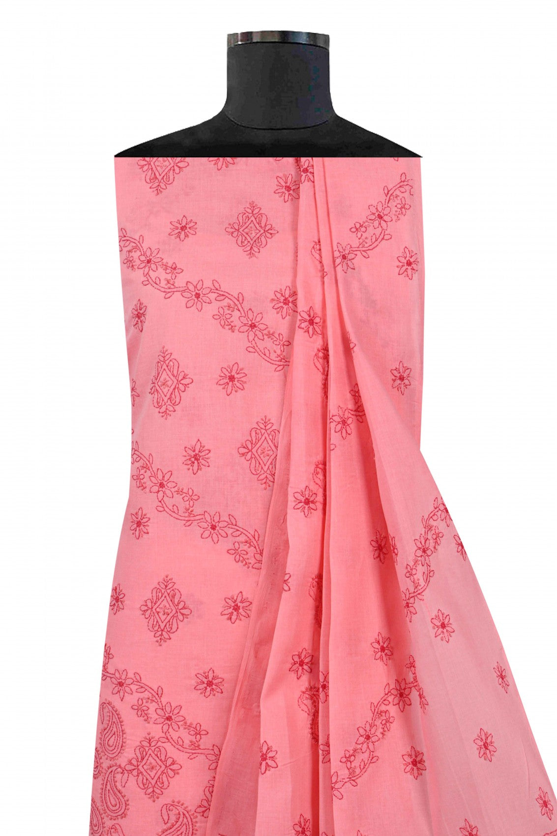Ada Hand Embroidered Punch Pink Cotton Lucknowi Chikankari Unstitched Suit Piece 01A178593