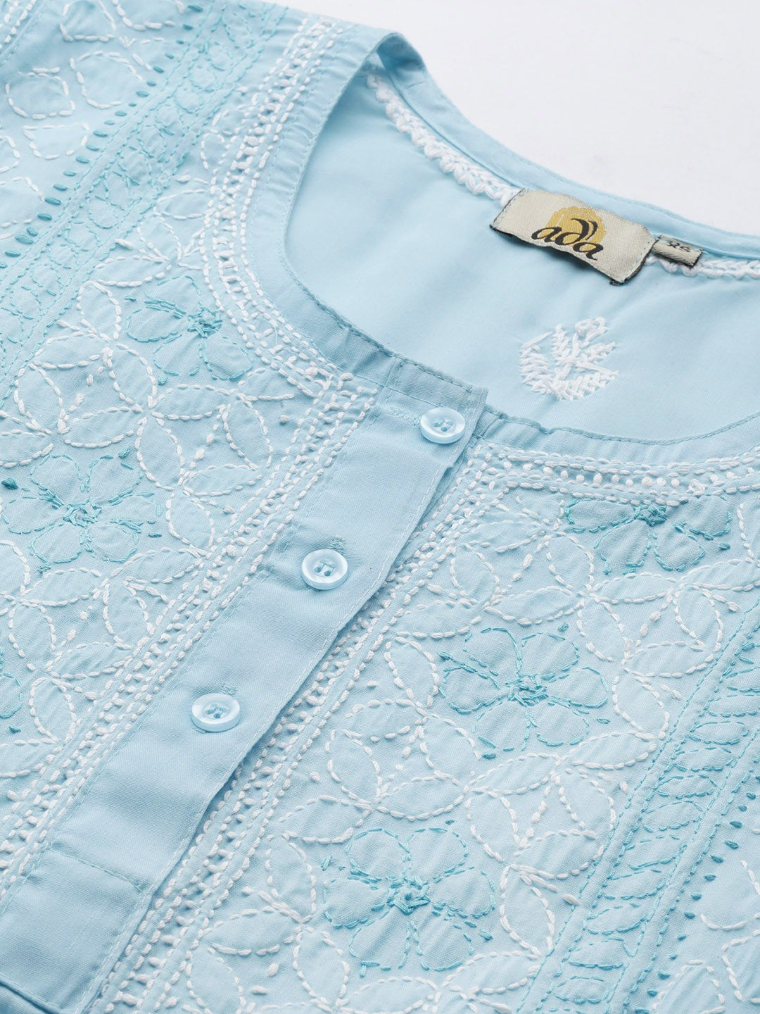 Ada Hand Embroidered Blue Cotton Lucknowi Chikankari Straight Kurti A911238
