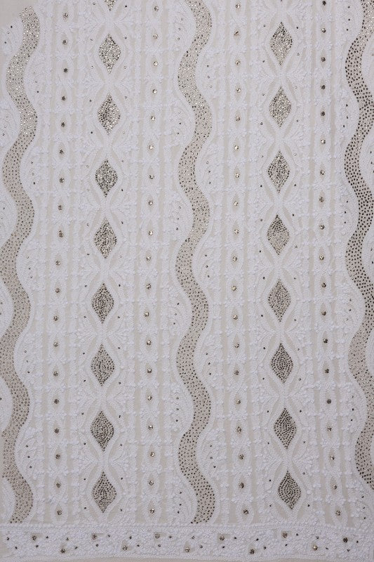 Ada Hand Embroidered White Pure Georgette Lucknowi Chikan Unstitched Men's Kurta Piece With Muqaish Work- A604625