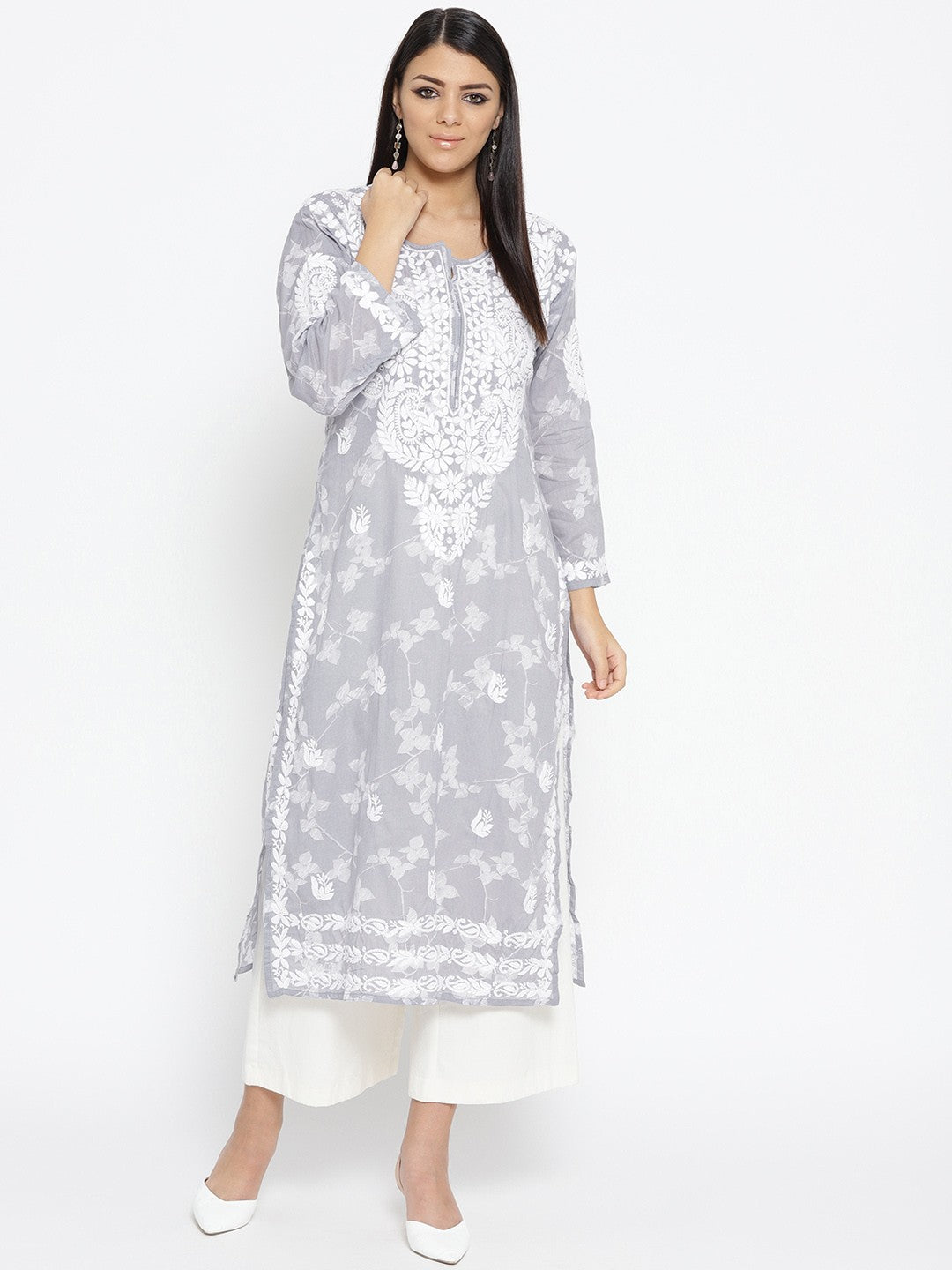 Ada Hand Embroidered Grey Cotton Lucknow Chikankari Straight Kurta– A100112