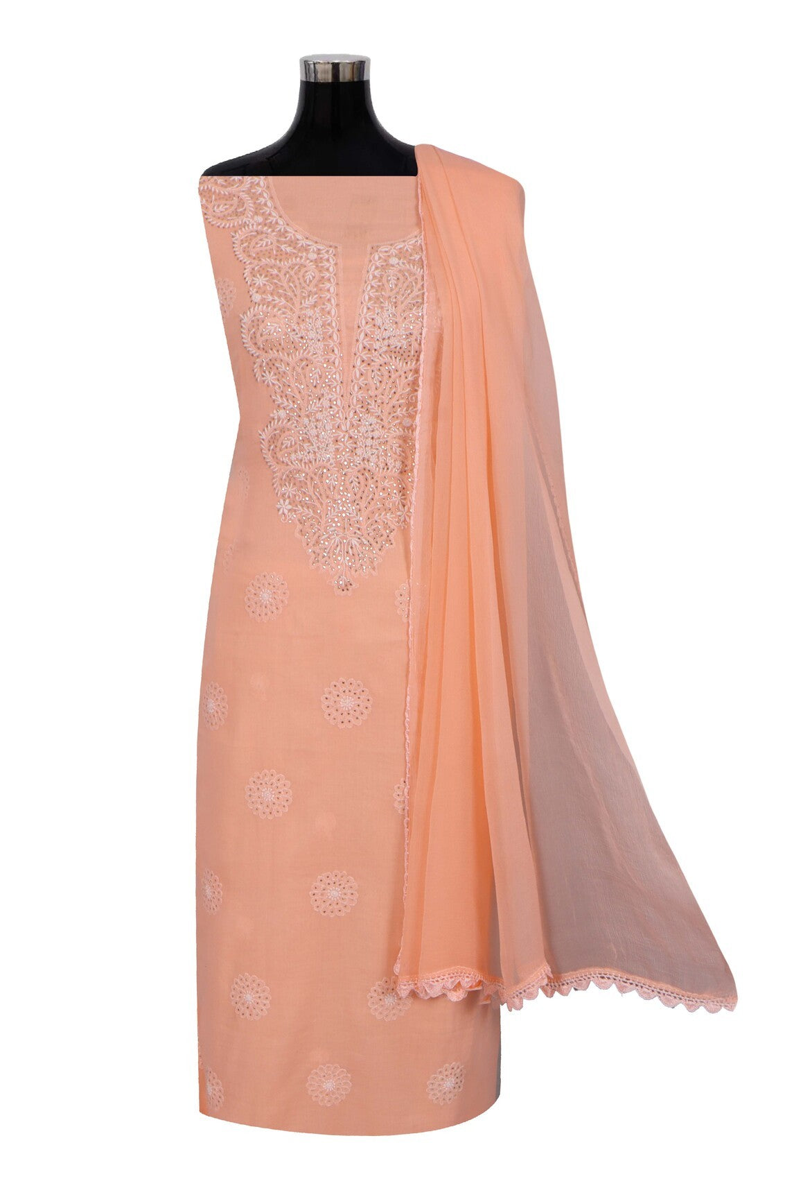 Ada Hand Embroidered Peach Cotton Lucknowi Chikankari Unstitched Suit Piece With Muqaish Work 01A165718