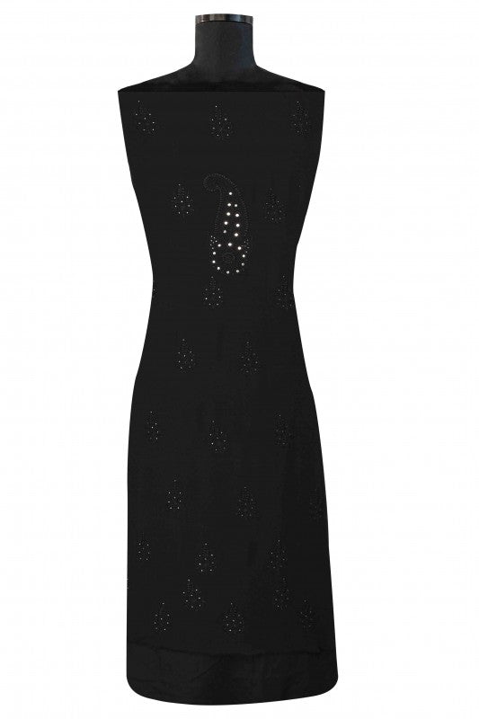 Ada Hand Embroidered Black Pure Georgette Chikan Unstitched Kurta Dupatta Set With Muqaish Work- A303052